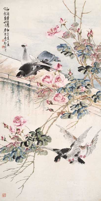 郑集宾 庚午（1930年）作 月季双鸽 立轴